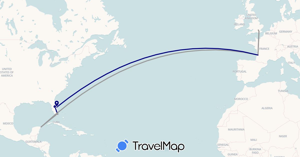 TravelMap itinerary: driving, plane in France, United Kingdom, Mexico, United States (Europe, North America)